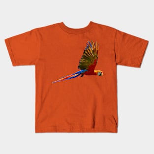 Blue and Red Macaw in flight Kids T-Shirt